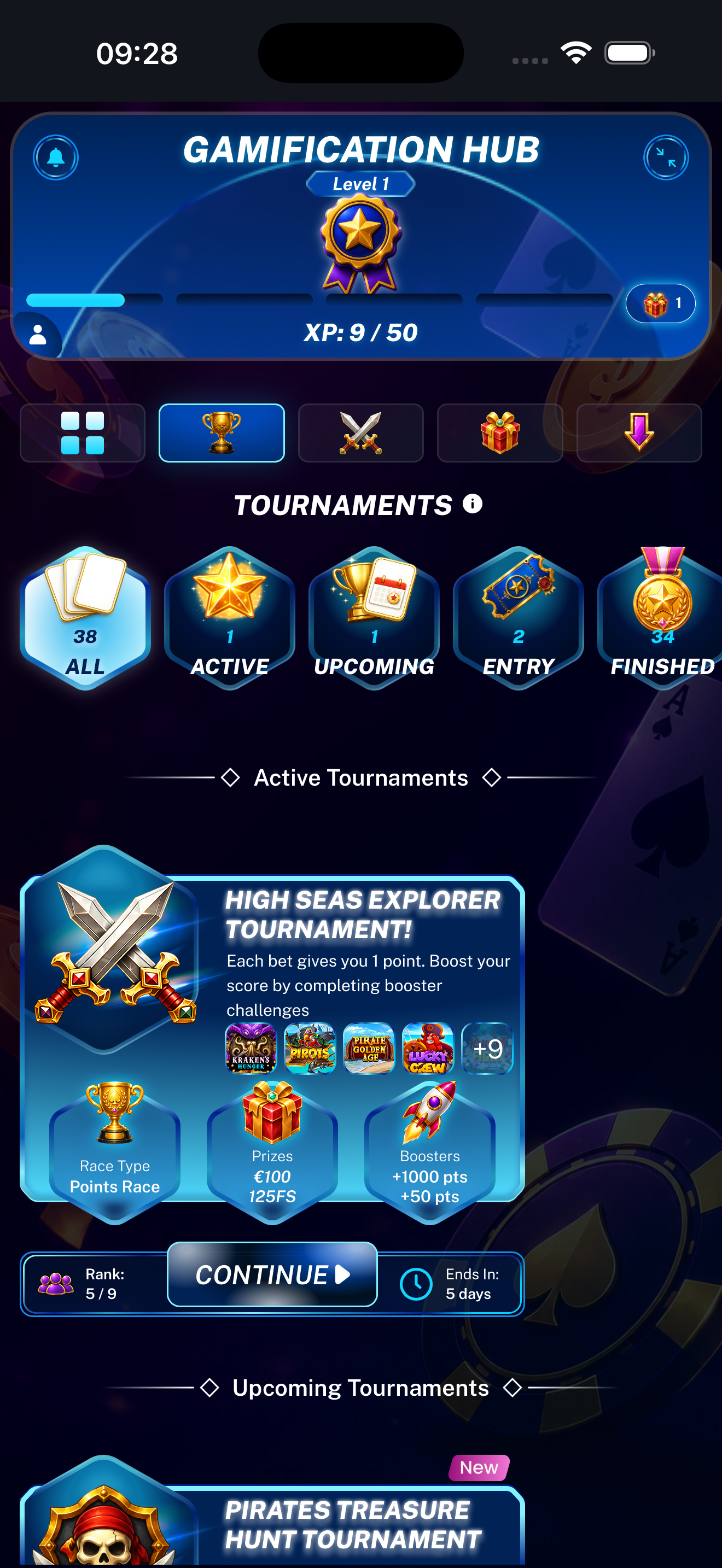 Tournament with Boosters example displayed on a mobile phone